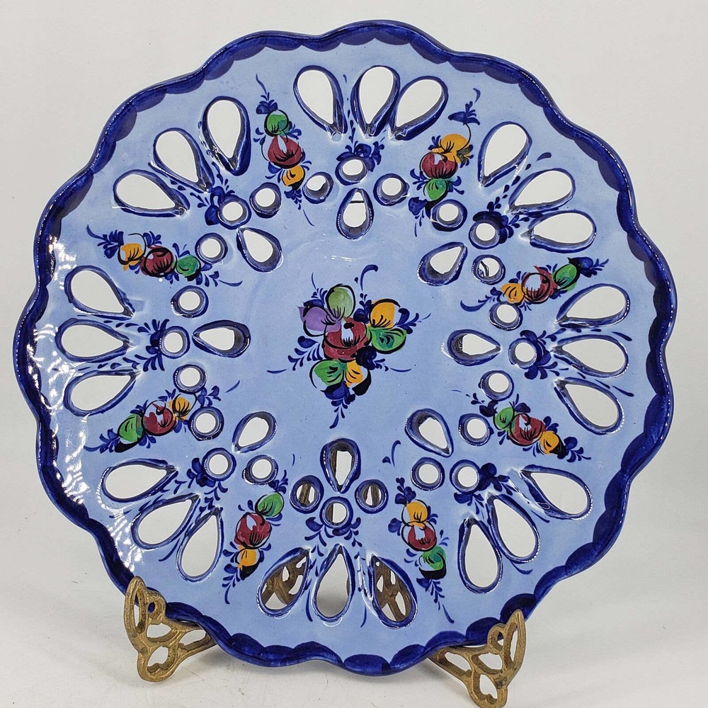 Vintage Hand painted Reticulated Blue Floral Wall Plate Decor Portugal